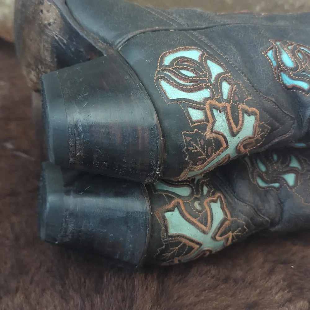 CORRAL R2482 Espresso brown & turquoise inlay crosses & roses cowgirl boots sz 7 - Picture 12 of 16